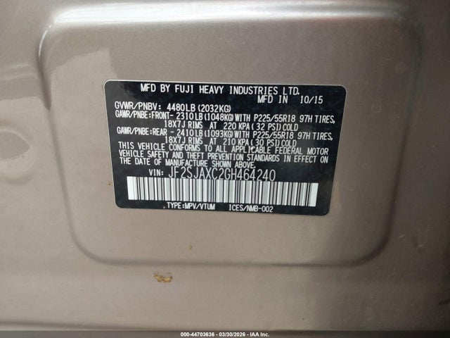 44703636 :رقم المزاد ، JF2SJAXC2GH464240 vin ، 2016 Subaru Forester 2.5i Touring مزاد بيع