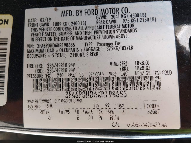 Ford FUSION SE 2019 3FA6P0HD6KR198685 Image 9