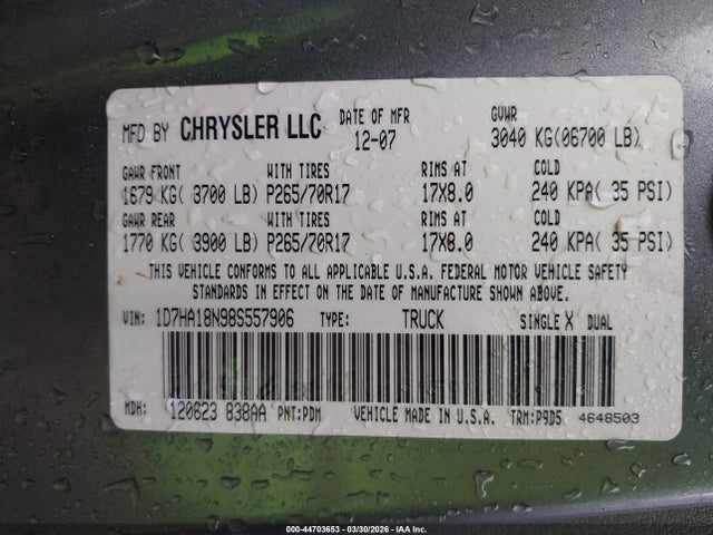 Aukcja sprzedaży 2008 Dodge Ram 1500 St/sxt, vin: 1D7HA18N98S557906, numer aukcji: 44703653