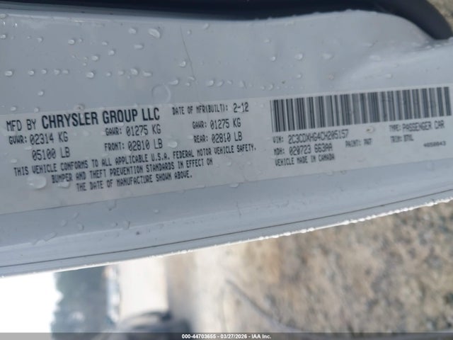 44703655 :رقم المزاد ، 2C3CDXHG4CH205157 vin ، 2012 Dodge Charger Sxt مزاد بيع