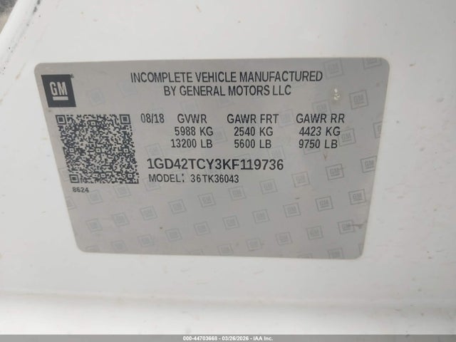 44703668 :رقم المزاد ، 1GD42TCY3KF119736 vin ، 2019 Gmc Sierra 3500hd Chassis مزاد بيع