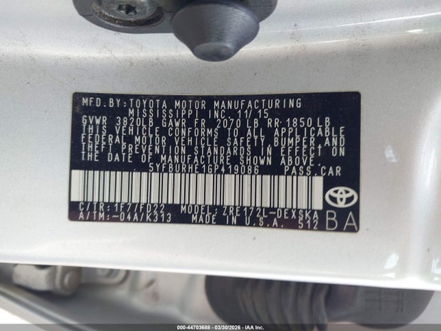 5YFBURHE1GP419086 Toyota Corolla S Plus