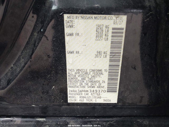 2017 Nissan Altima 2.5 S მანქანა იყიდება აუქციონზე, vin: 1N4AL3AP4HN349370, აუქციონის ნომერი: 44703691