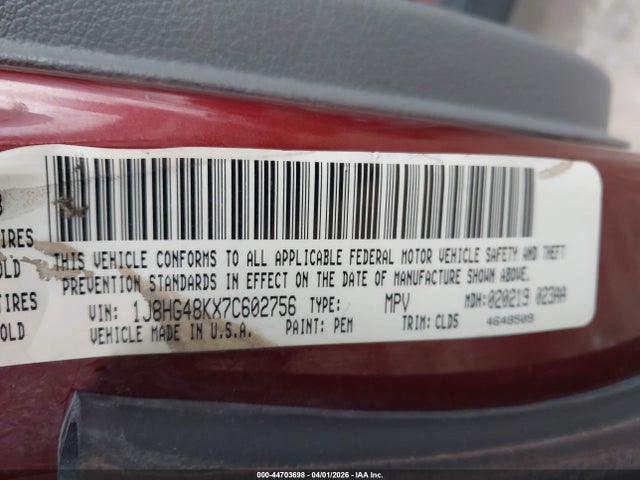 44703698 :رقم المزاد ، 1J8HG48KX7C602756 vin ، 2007 Jeep Commander Sport مزاد بيع
