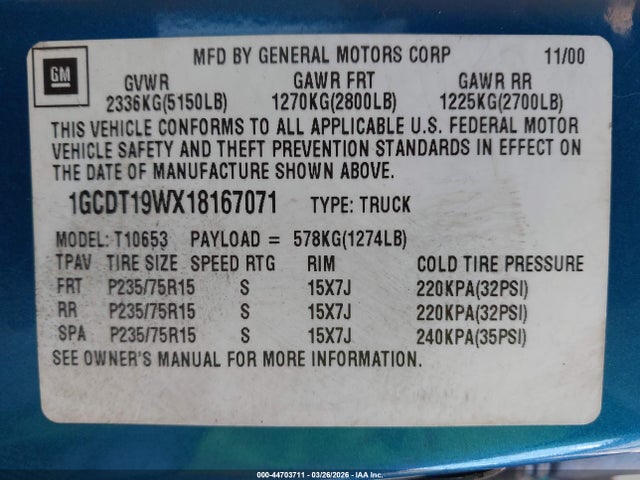 2001 CHEVROLET S-10 1GCDT19WX18167071 Photo 8