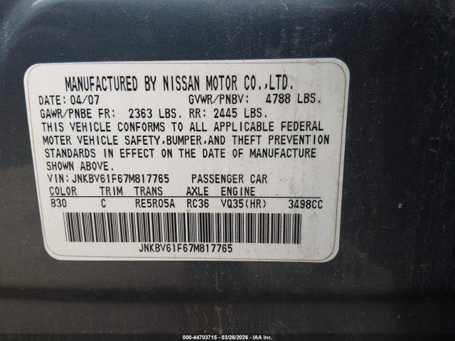 Aukcja sprzedaży 2007 Infiniti G35x, vin: JNKBV61F67M817765, numer aukcji: 44703715