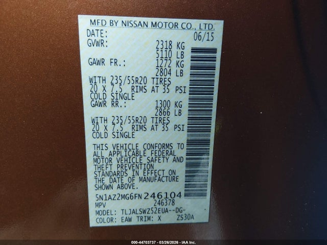 5N1AZ2MG6FN246104 Nissan Murano Platinum