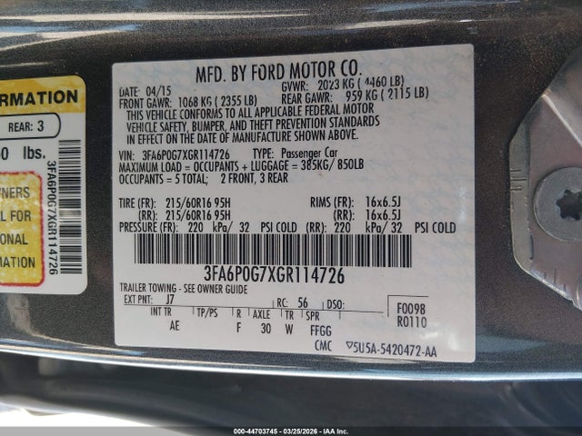 Aukcja sprzedaży 2016 Ford Fusion S, vin: 3FA6P0G7XGR114726, numer aukcji: 44703745