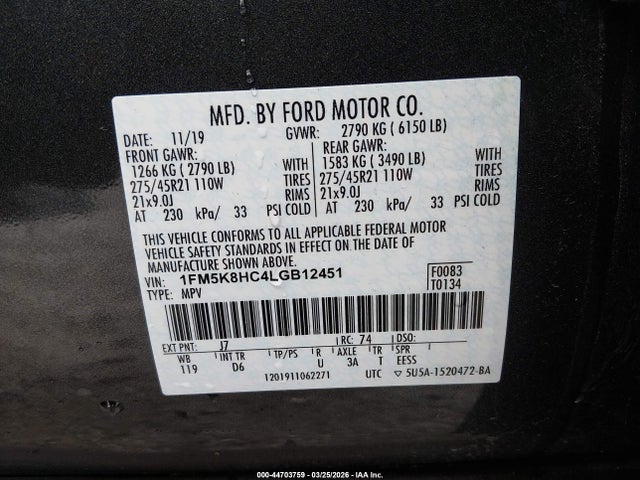 1FM5K8HC4LGB12451 Ford Explorer Platinum