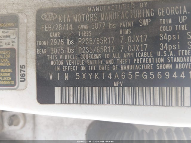 Aukcja sprzedaży 2015 Kia Sorento Lx, vin: 5XYKT4A65FG569441, numer aukcji: 44703765
