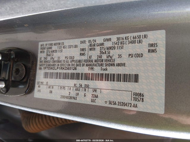 Aukcja sprzedaży 2024 Ford F-150 Stx, vin: 1FTEW2LP1RKD85126, numer aukcji: 44703779