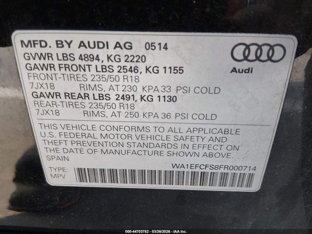 44703782 :رقم المزاد ، WA1EFCFS8FR000714 vin ، 2015 Audi Q3 2.0t Premium Plus مزاد بيع