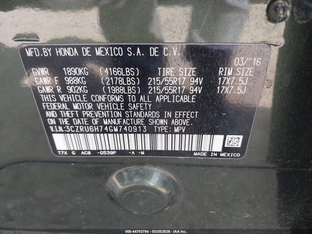 Auction sale of the 2016 Honda Hr-v Ex-l, vin: 3CZRU6H74GM740913, lot number: 44703794