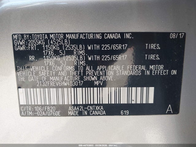 2017 Toyota Rav4 Le მანქანა იყიდება აუქციონზე, vin: 2T3ZFREV6HW403017, აუქციონის ნომერი: 44703803