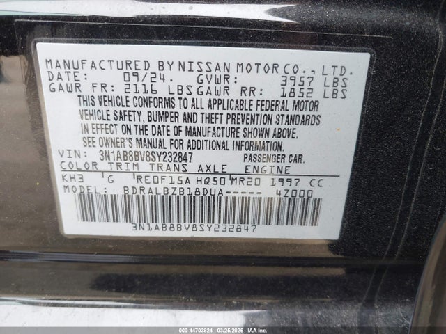 44703824 :رقم المزاد ، 3N1AB8BV8SY232847 vin ، 2025 Nissan Sentra S مزاد بيع