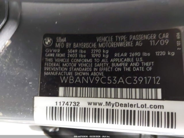 44703836 :رقم المزاد ، WBANV9C53AC391712 vin ، 2010 Bmw 535i Xdrive مزاد بيع