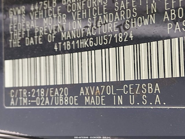 4T1B11HK6JU571824 Toyota CAMRY SE