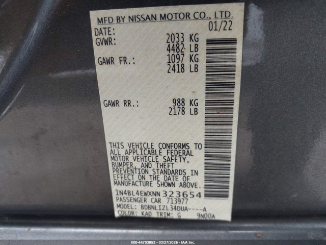 Продаж на аукціоні авто 2022 Nissan Altima Sl Intelligent Awd, vin: 1N4BL4EWXNN323654, номер лоту: 44703853
