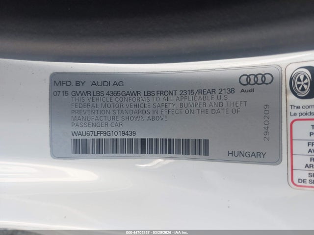 Aukcja sprzedaży 2016 Audi A3 1.8t Premium, vin: WAU67LFF9G1019439, numer aukcji: 44703857