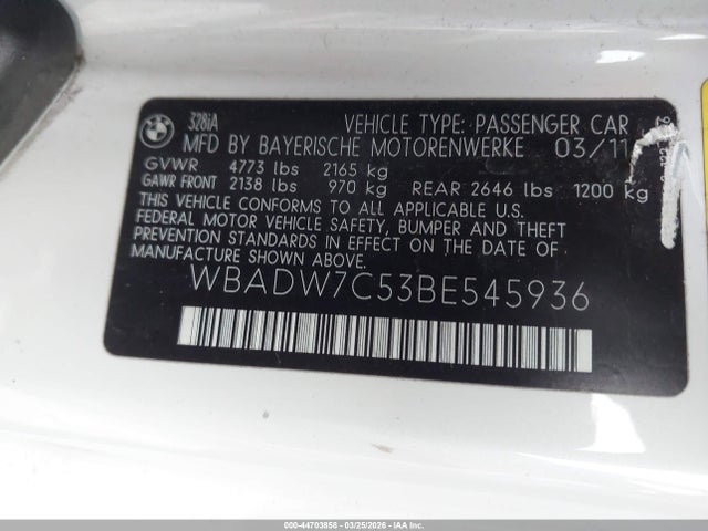 44703858 :رقم المزاد ، WBADW7C53BE545936 vin ، 2011 Bmw 328i مزاد بيع