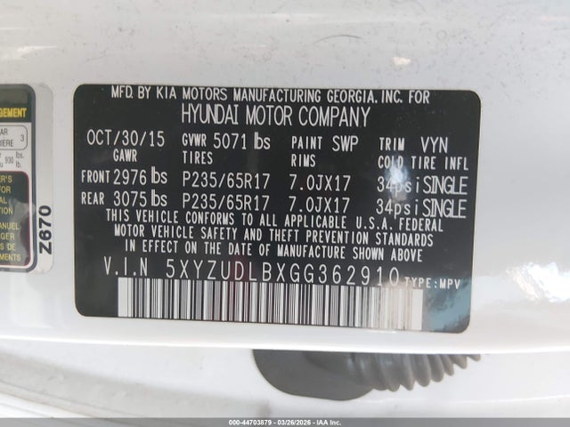 Aukcja sprzedaży 2016 Hyundai Santa Fe Sport 2.4l, vin: 5XYZUDLBXGG362910, numer aukcji: 44703879