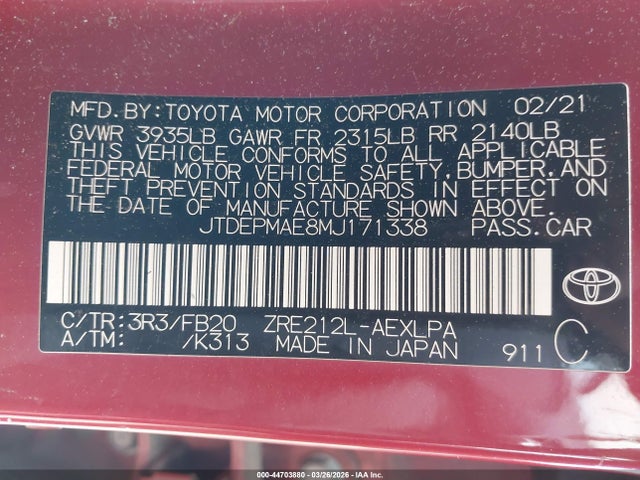 2021 Toyota Corolla Le მანქანა იყიდება აუქციონზე, vin: JTDEPMAE8MJ171338, აუქციონის ნომერი: 44703880