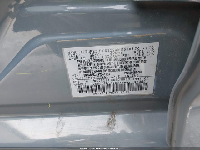 2025 Nissan Sentra Sv მანქანა იყიდება აუქციონზე, vin: 3N1AB8CV4SY244153, აუქციონის ნომერი: 44703900