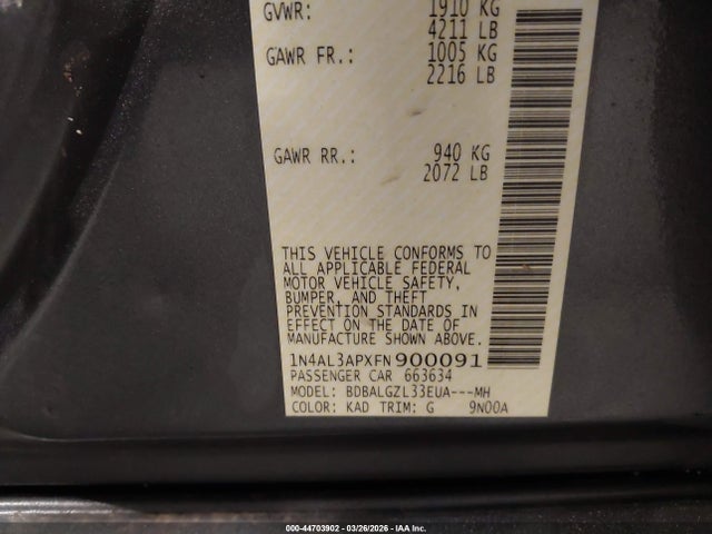 2015 Nissan Altima 2.5 S მანქანა იყიდება აუქციონზე, vin: 1N4AL3APXFN900091, აუქციონის ნომერი: 44703902