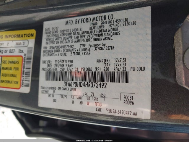 Ford FUSION SE 2017 3FA6P0HD4HR373492 Image 9