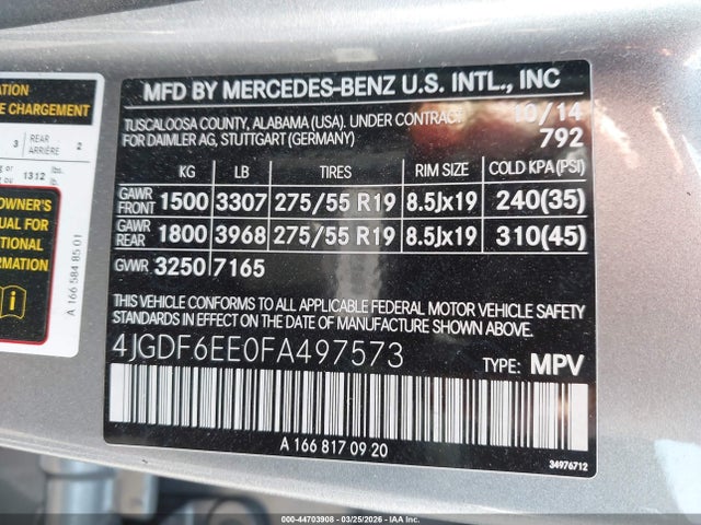44703908 :رقم المزاد ، 4JGDF6EE0FA497573 vin ، 2015 Mercedes-benz Gl 450 4matic مزاد بيع