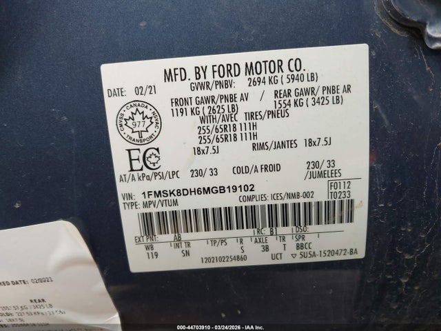 44703910 :رقم المزاد ، 1FMSK8DH6MGB19102 vin ، 2021 Ford Explorer Xlt مزاد بيع