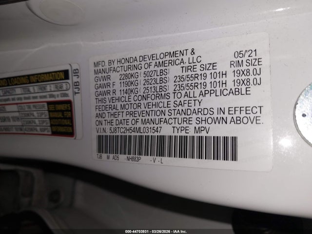 Auction sale of the 2021 Acura Rdx Technology Package, vin: 5J8TC2H54ML031547, lot number: 44703931