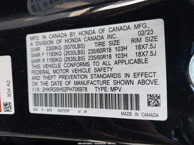 44703933 :رقم المزاد ، 2HKRS5H52PH706978 vin ، 2023 Honda Cr-v Hybrid Sport مزاد بيع