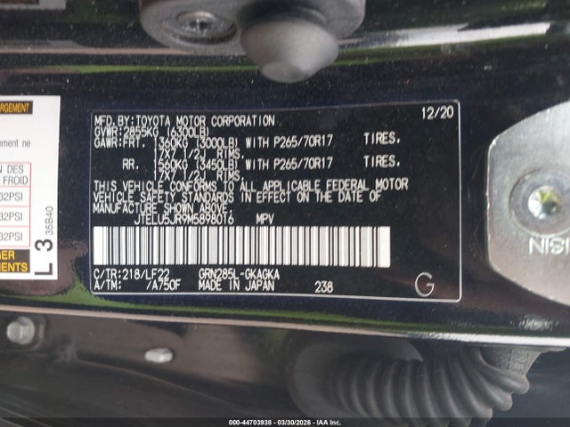 Aukcja sprzedaży 2021 Toyota 4runner Trd Pro, vin: JTELU5JR9M5898016, numer aukcji: 44703938