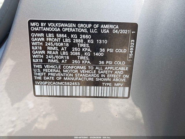 Продажа на аукционе авто 2021 Volkswagen Atlas 2.0t S, vin: 1V2GP2CA0MC582453, номер лота: 44703941