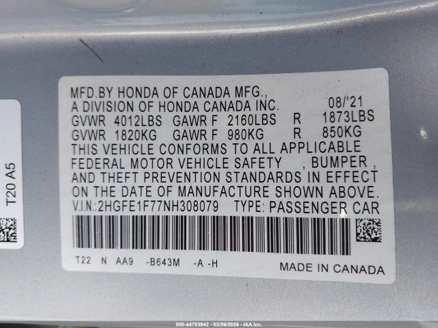 Honda CIVIC EX 2022 2HGFE1F77NH308079 Image 9