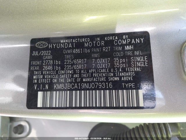 Продаж на аукціоні авто 2022 Hyundai Tucson Hybrid Blue, vin: KM8JBCA19NU079316, номер лоту: 44703945