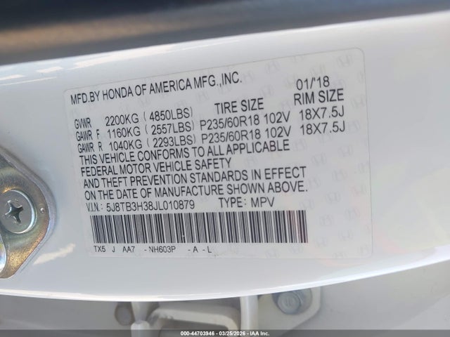 44703946 :رقم المزاد ، 5J8TB3H38JL010879 vin ، 2018 Acura Rdx Acurawatch Plus Package مزاد بيع