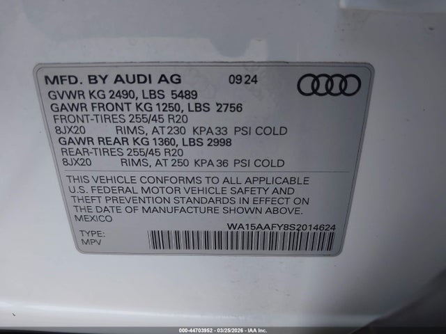 Aukcja sprzedaży 2025 Audi Q5 Sportback Premium Plus 45 Tfsi S Line Quattro S Tronic, vin: WA15AAFY8S2014624, numer aukcji: 44703952