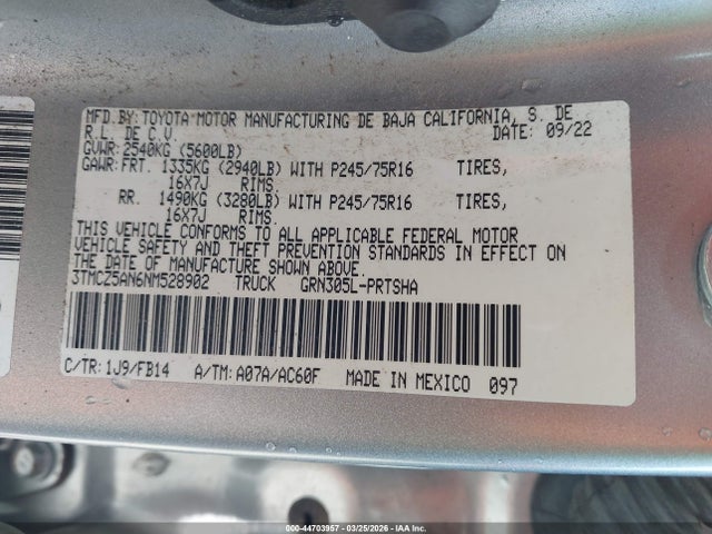 Auction sale of the 2022 Toyota Tacoma Sr V6, vin: 3TMCZ5AN6NM528902, lot number: 44703957