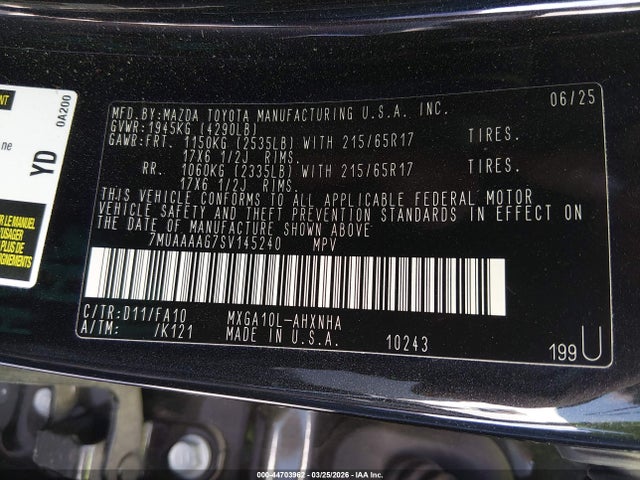 Aukcja sprzedaży 2025 Toyota Corolla Cross L, vin: 7MUAAAAG7SV145240, numer aukcji: 44703962