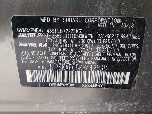 Aukcja sprzedaży 2019 Subaru Forester Premium, vin: JF2SKAEC5KH442838, numer aukcji: 44703972