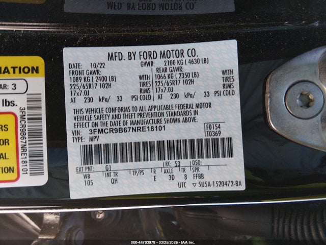 Продаж на аукціоні авто 2022 Ford Bronco Sport Big Bend, vin: 3FMCR9B67NRE18101, номер лоту: 44703978