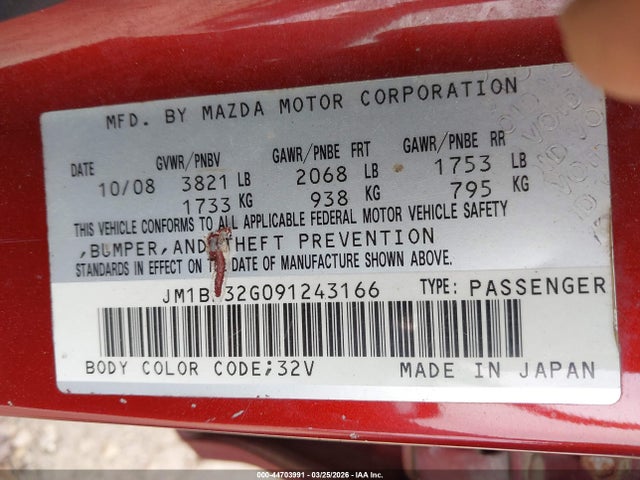Aukcja sprzedaży 2009 Mazda Mazda3 I, vin: JM1BK32G091243166, numer aukcji: 44703991