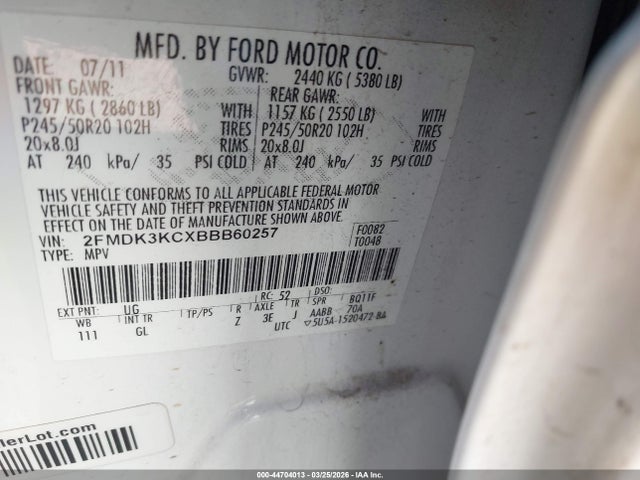 44704013 :رقم المزاد ، 2FMDK3KCXBBB60257 vin ، 2011 Ford Edge Limited مزاد بيع