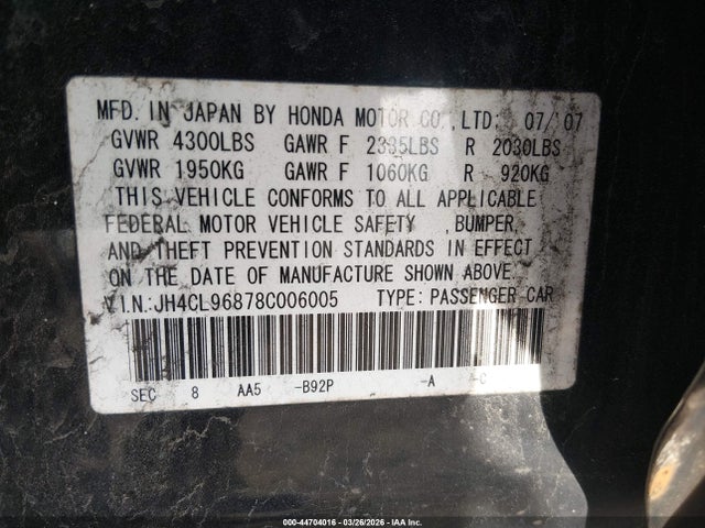 44704016 :رقم المزاد ، JH4CL96878C006005 vin ، 2008 Acura Tsx مزاد بيع