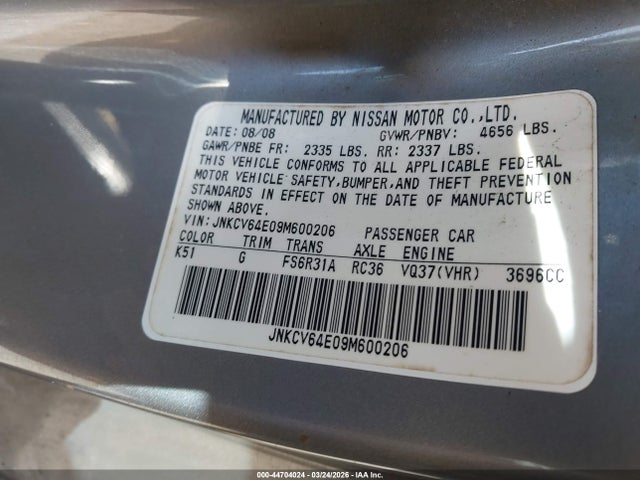 Aukcja sprzedaży 2009 Infiniti G37 Sport, vin: JNKCV64E09M600206, numer aukcji: 44704024