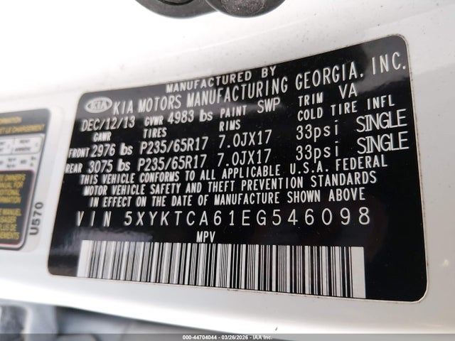 5XYKTCA61EG546098 KIA SORENTO LX