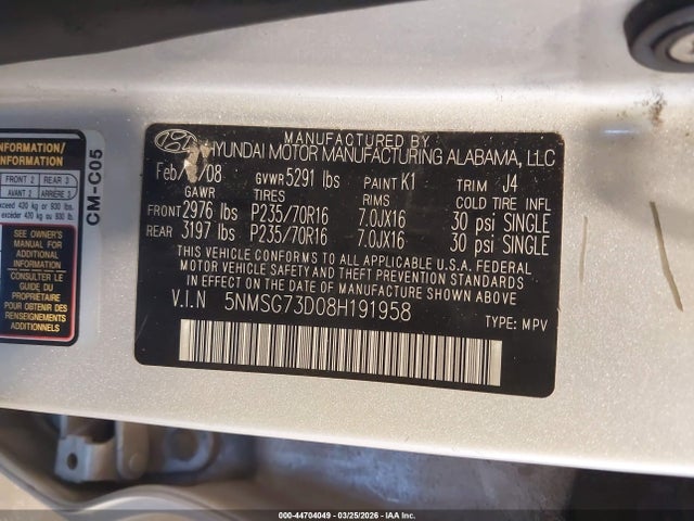 2008 Hyundai Santa Fe Gls მანქანა იყიდება აუქციონზე, vin: 5NMSG73D08H191958, აუქციონის ნომერი: 44704049