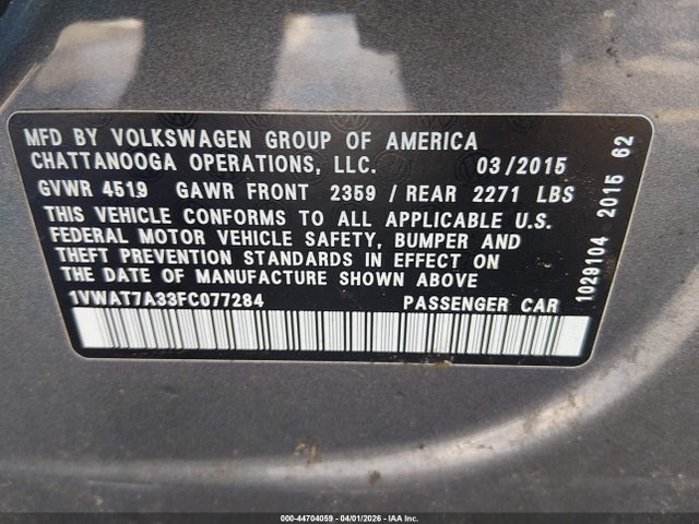 Aukcja sprzedaży 2015 Volkswagen Passat 1.8t Limited Edition, vin: 1VWAT7A33FC077284, numer aukcji: 44704059